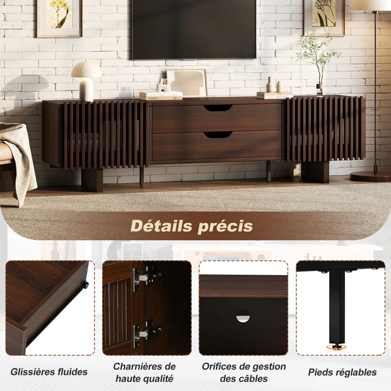 Meuble TV effet noyer foncé 2 portes à lattes 2 tiroirs 180x40x45cm RIFTMYRATHYNOR