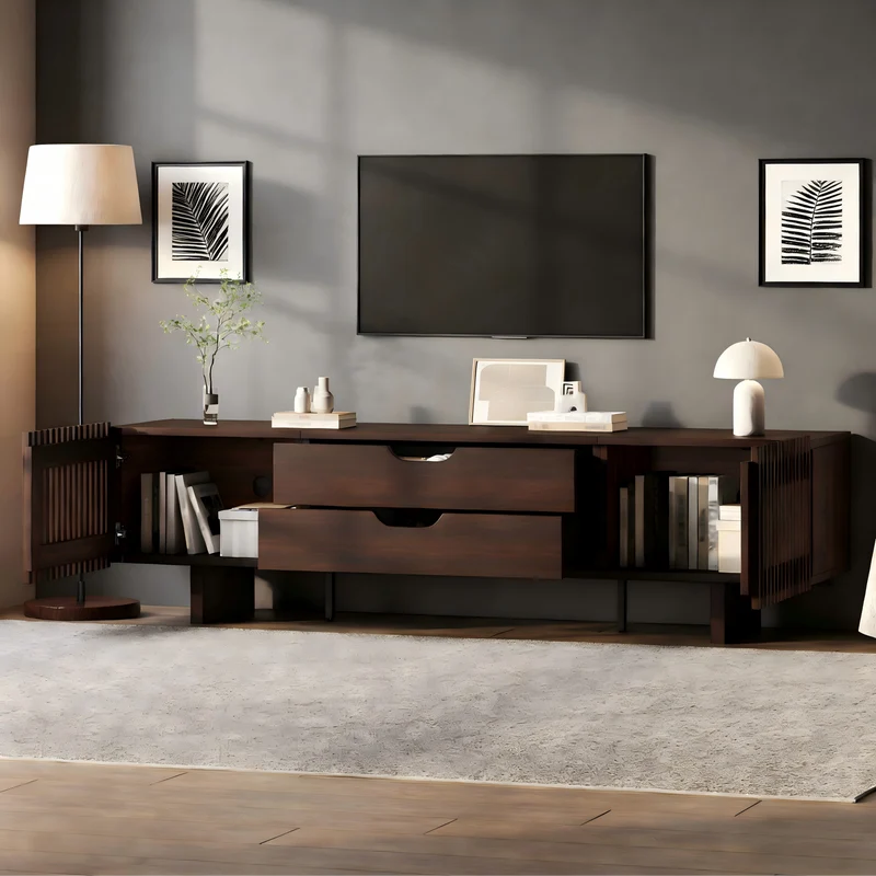 Meuble TV effet noyer foncé 2 portes à lattes 2 tiroirs 180x40x45cm RIFTMYRATHYNOR