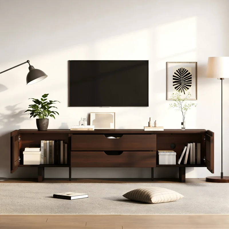 Meuble TV effet noyer foncé 2 portes à lattes 2 tiroirs 180x40x45cm RIFTMYRATHYNOR