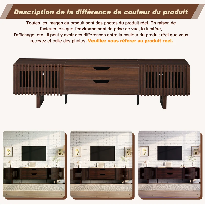 Meuble TV effet noyer foncé 2 portes à lattes 2 tiroirs 180x40x45cm RIFTMYRATHYNOR