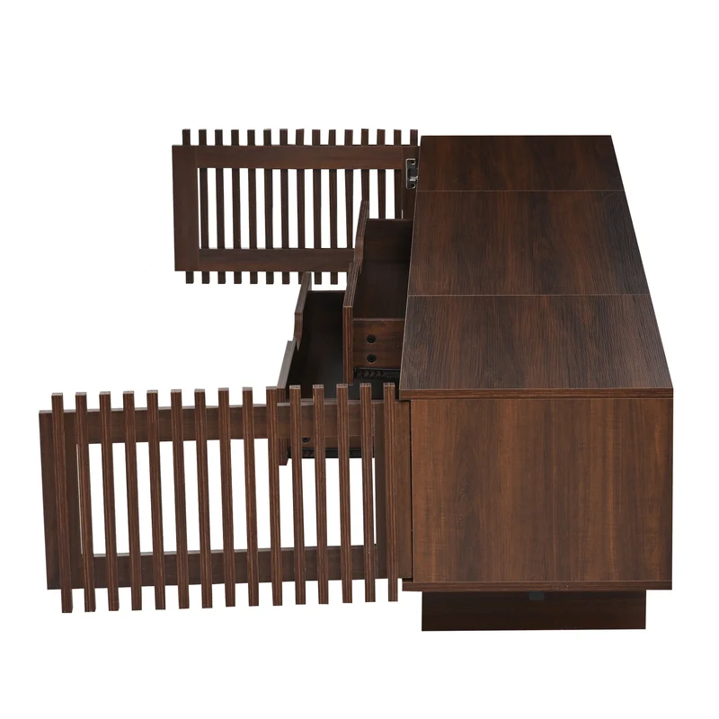 Meuble TV effet noyer foncé 2 portes à lattes 2 tiroirs 180x40x45cm RIFTMYRATHYNOR