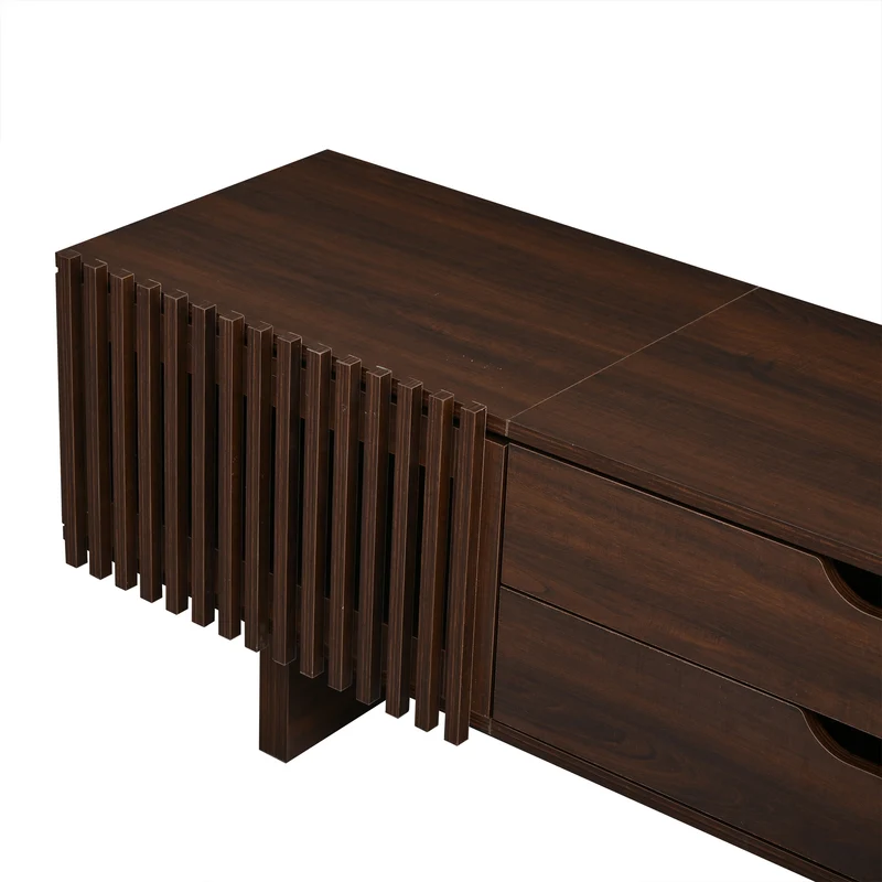 Meuble TV effet noyer foncé 2 portes à lattes 2 tiroirs 180x40x45cm RIFTMYRATHYNOR