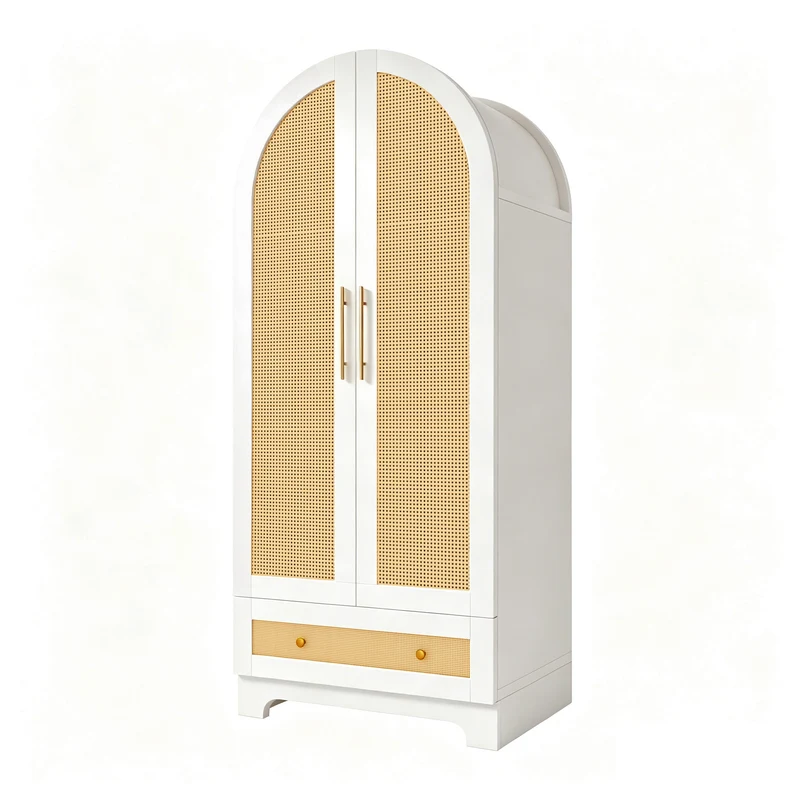 Armoire arche blanche style scandinave en rotin 2 portes et tiroir 70x55x170cm MODERNCUSHIONSET