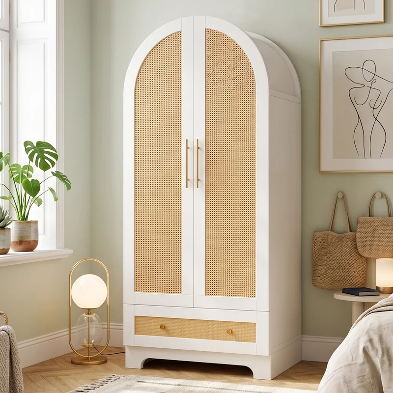 Armoire arche blanche style scandinave en rotin 2 portes et tiroir 70x55x170cm MODERNCUSHIONSET