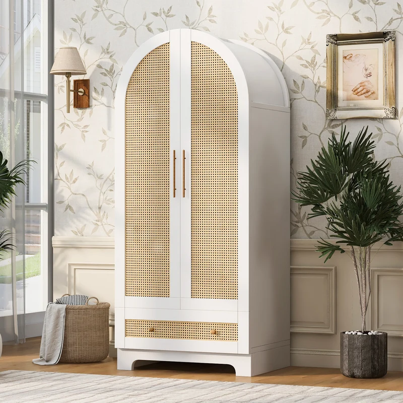 Armoire arche blanche style scandinave en rotin 2 portes et tiroir 70x55x170cm MODERNCUSHIONSET