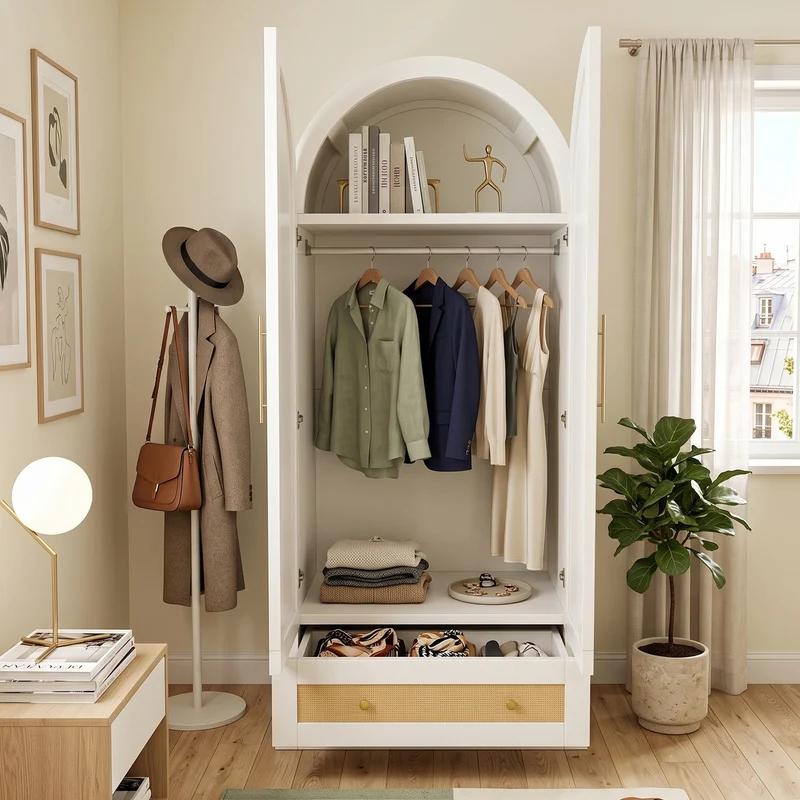 Armoire arche blanche style scandinave en rotin 2 portes et tiroir 70x55x170cm MODERNCUSHIONSET