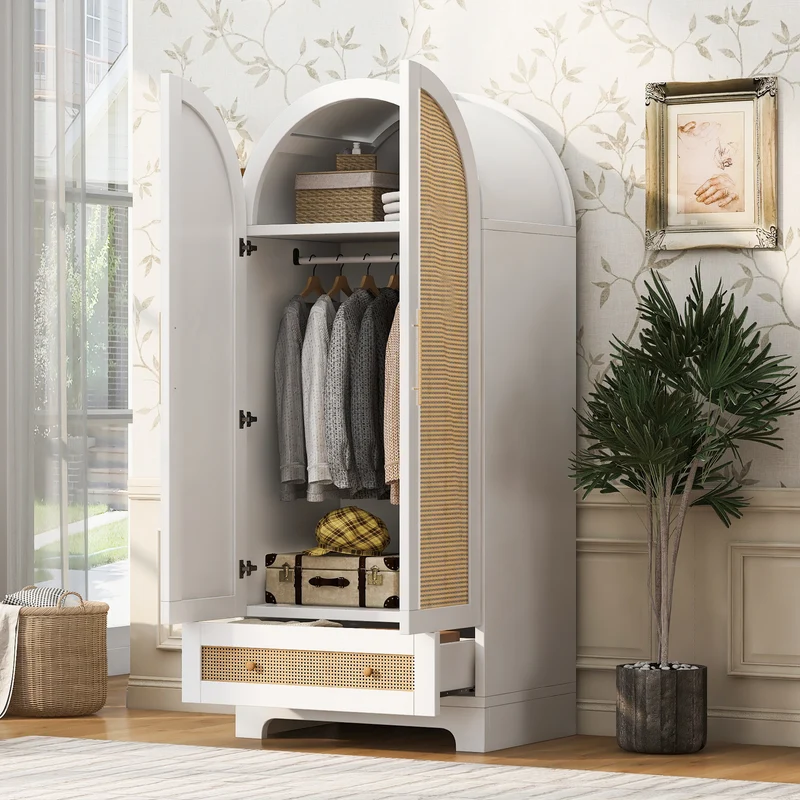 Armoire arche blanche style scandinave en rotin 2 portes et tiroir 70x55x170cm MODERNCUSHIONSET
