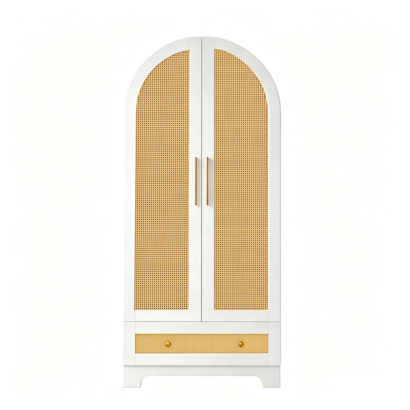 Armoire arche blanche style scandinave en rotin 2 portes et tiroir 70x55x170cm MODERNCUSHIONSET