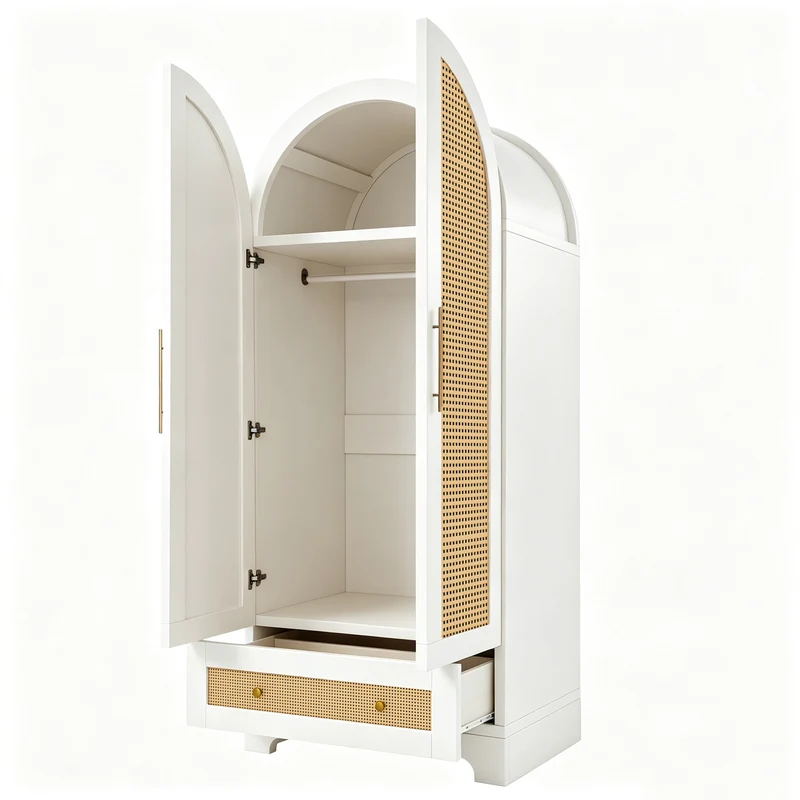 Armoire arche blanche style scandinave en rotin 2 portes et tiroir 70x55x170cm MODERNCUSHIONSET