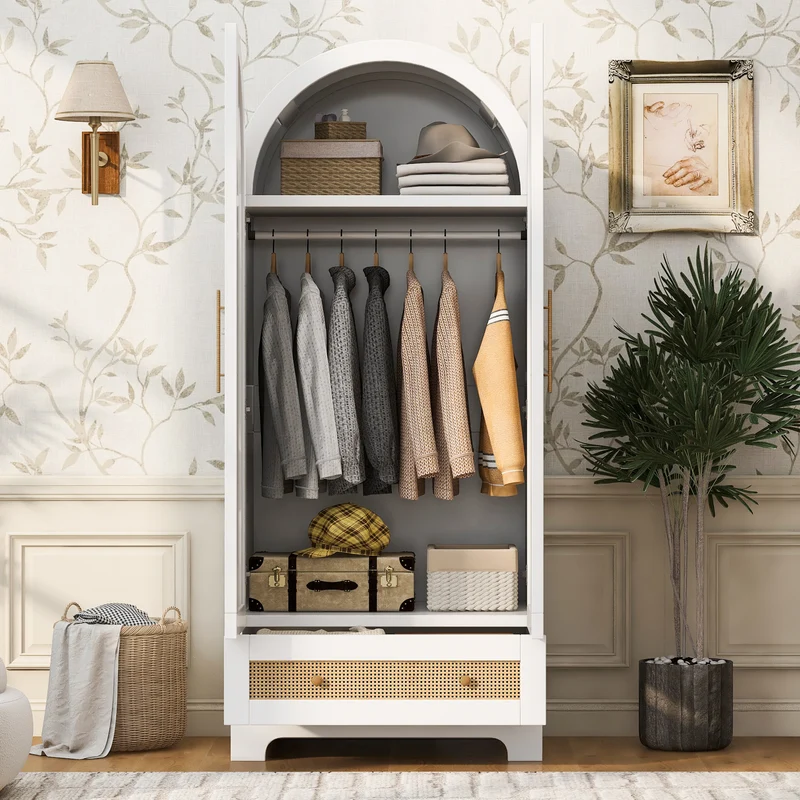 Armoire arche blanche style scandinave en rotin 2 portes et tiroir 70x55x170cm MODERNCUSHIONSET