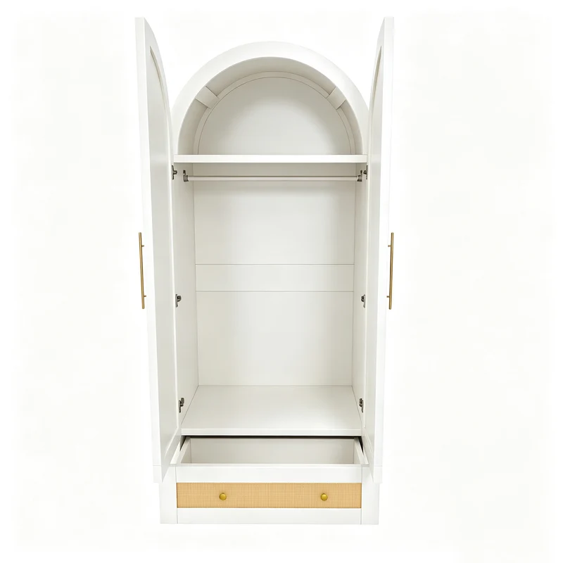 Armoire arche blanche style scandinave en rotin 2 portes et tiroir 70x55x170cm MODERNCUSHIONSET