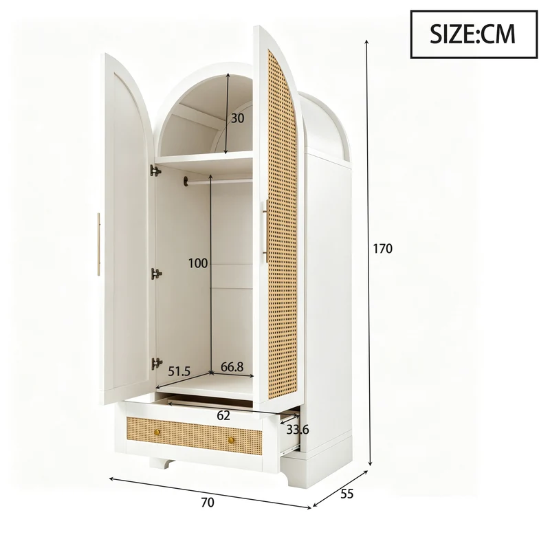 Armoire arche blanche style scandinave en rotin 2 portes et tiroir 70x55x170cm MODERNCUSHIONSET