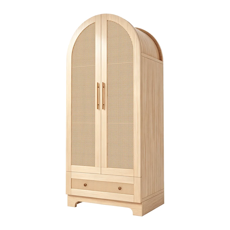 Armoire arche effet bois style scandinave en rotin 2 portes et tiroir 70x55x170cm MODERNDESK