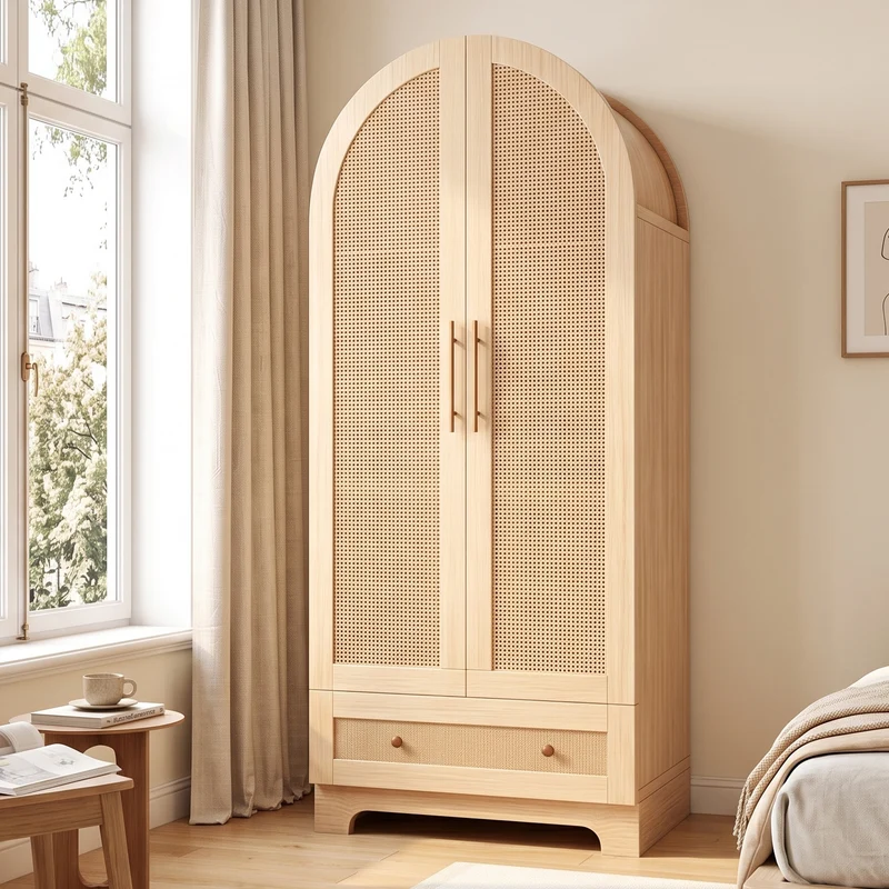 Armoire arche effet bois style scandinave en rotin 2 portes et tiroir 70x55x170cm MODERNDESK