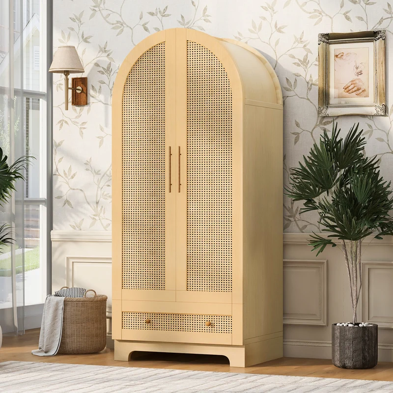 Armoire arche effet bois style scandinave en rotin 2 portes et tiroir 70x55x170cm MODERNDESK