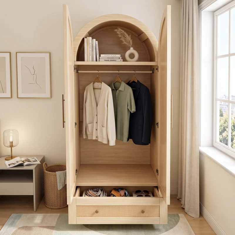 Armoire arche effet bois style scandinave en rotin 2 portes et tiroir 70x55x170cm MODERNDESK