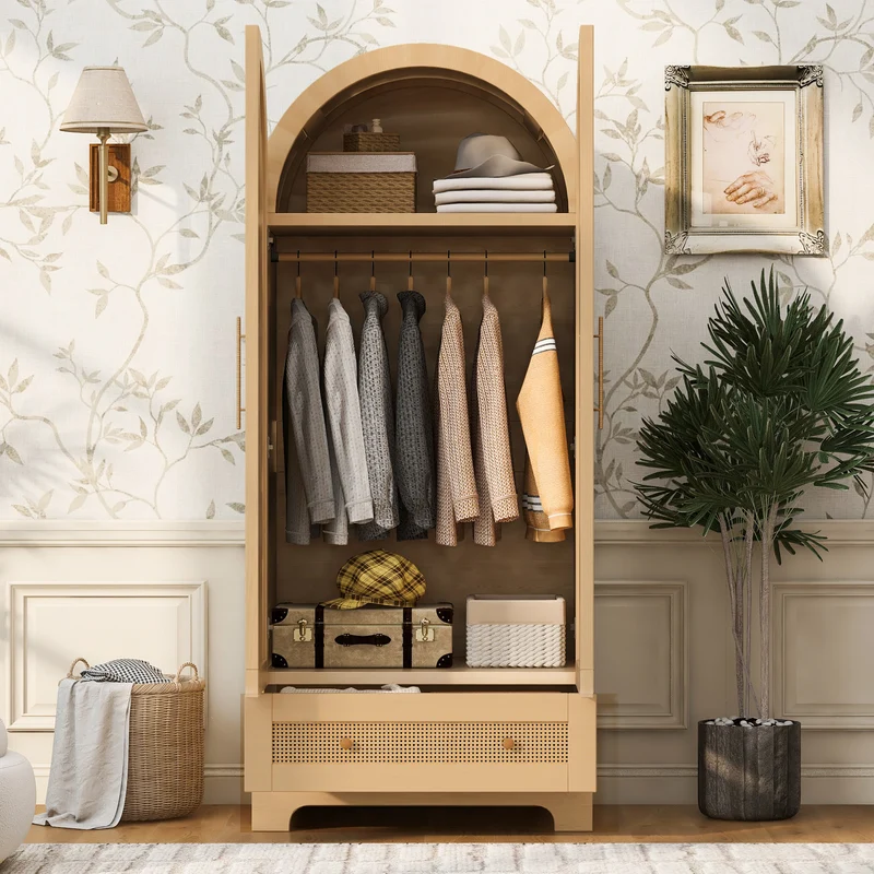 Armoire arche effet bois style scandinave en rotin 2 portes et tiroir 70x55x170cm MODERNDESK