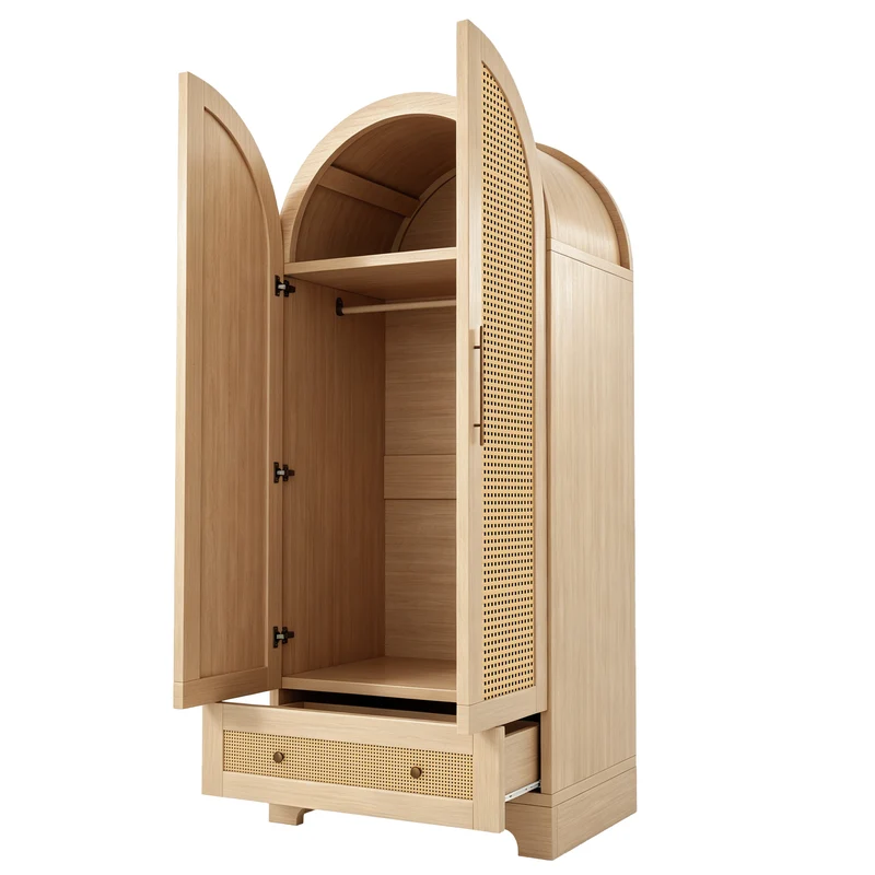 Armoire arche effet bois style scandinave en rotin 2 portes et tiroir 70x55x170cm MODERNDESK