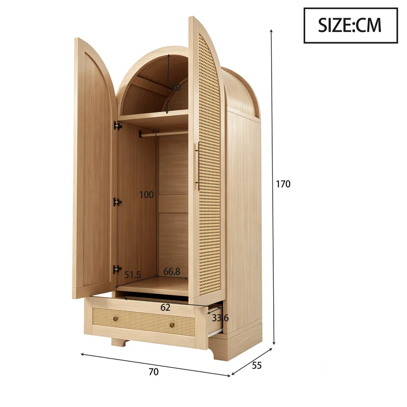 Armoire arche effet bois style scandinave en rotin 2 portes et tiroir 70x55x170cm MODERNDESK