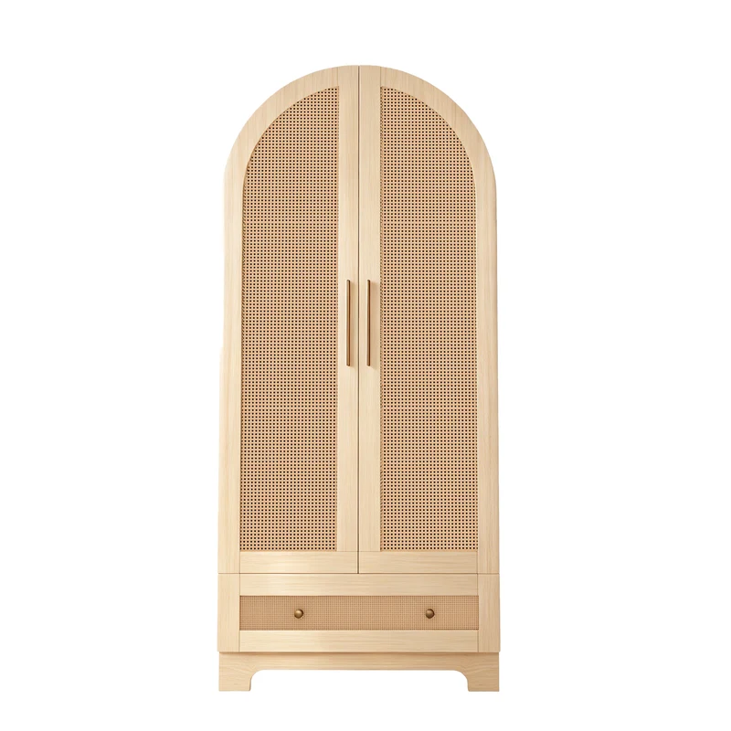 Armoire arche effet bois style scandinave en rotin 2 portes et tiroir 70x55x170cm MODERNDESK