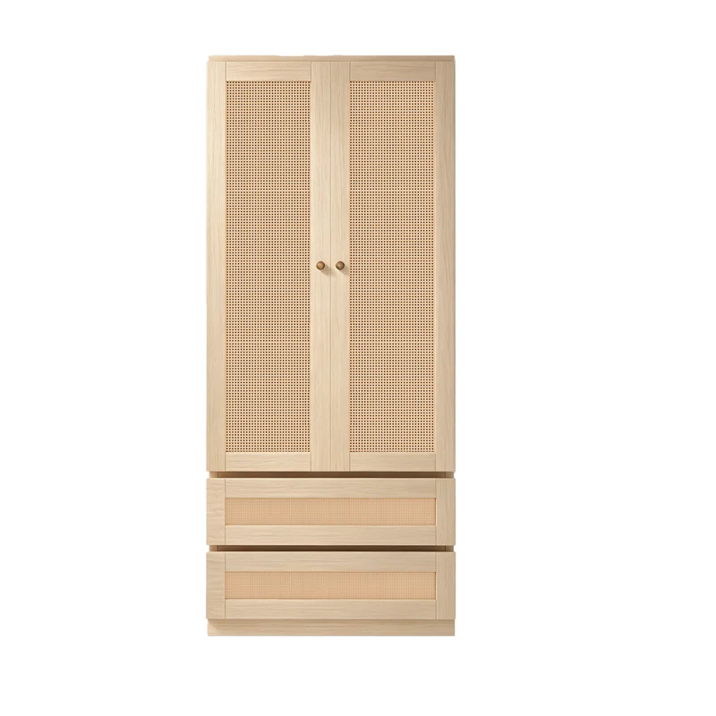 Armoire effet bois 2 portes et 2 tiroirs en rotin 70x55x170cm style scandinave MODERNDESKART