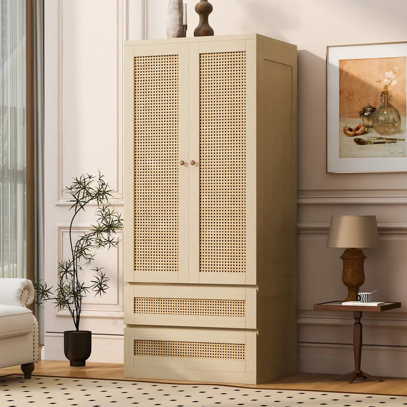 Armoire effet bois 2 portes et 2 tiroirs en rotin 70x55x170cm style scandinave MODERNDESKART