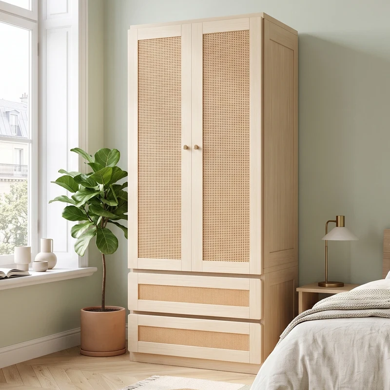 Armoire effet bois 2 portes et 2 tiroirs en rotin 70x55x170cm style scandinave MODERNDESKART