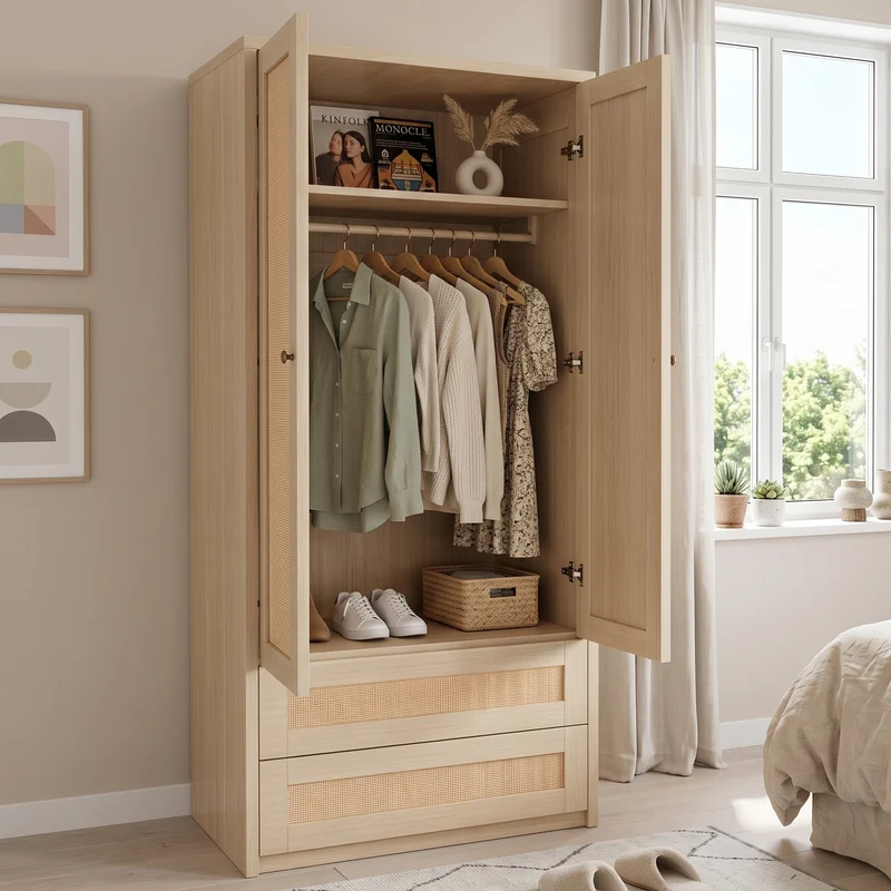 Armoire effet bois 2 portes et 2 tiroirs en rotin 70x55x170cm style scandinave MODERNDESKART
