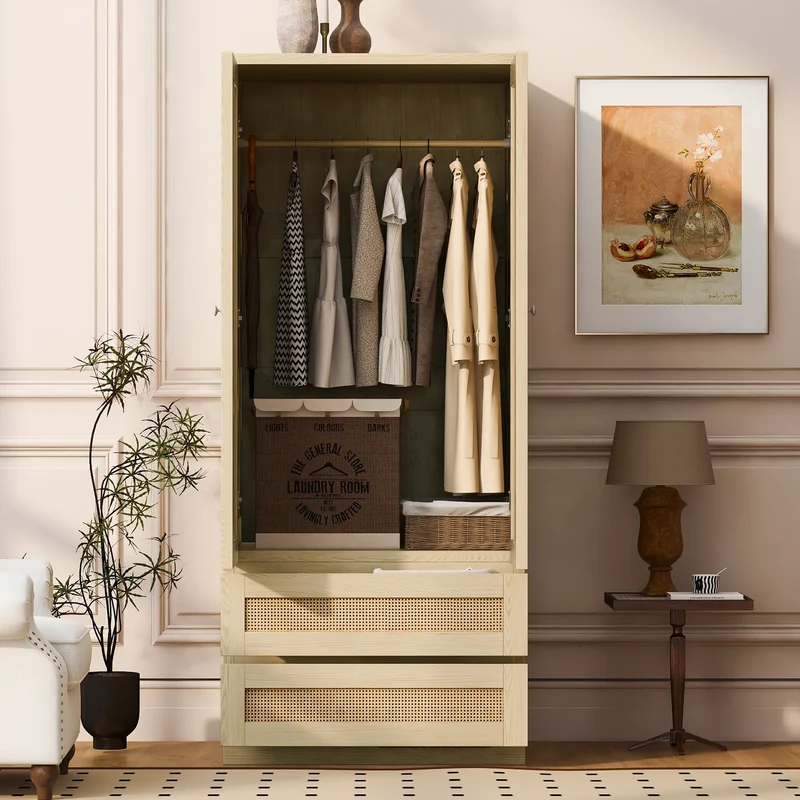 Armoire effet bois 2 portes et 2 tiroirs en rotin 70x55x170cm style scandinave MODERNDESKART