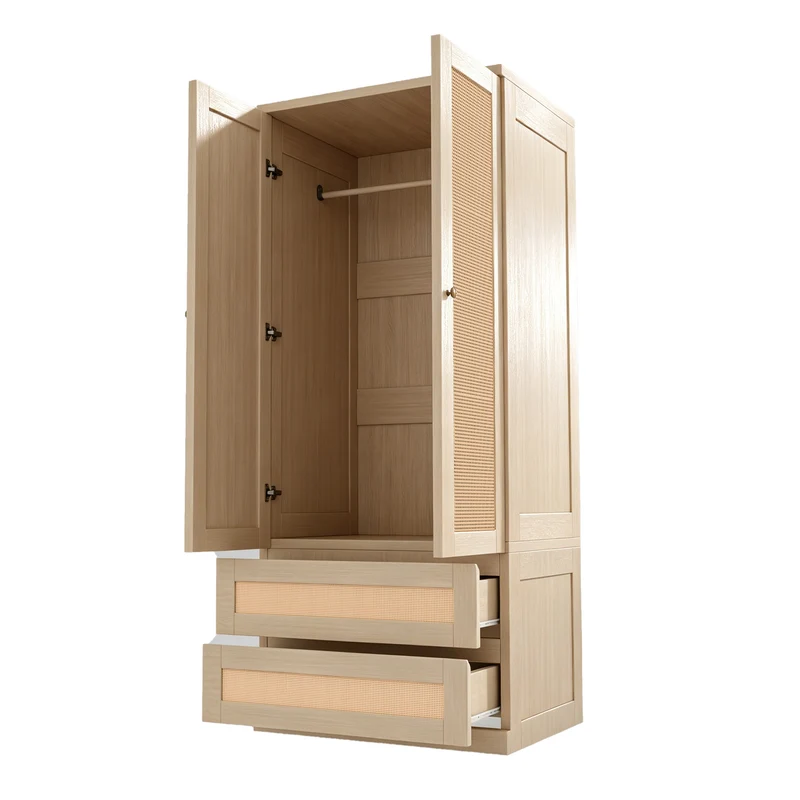 Armoire effet bois 2 portes et 2 tiroirs en rotin 70x55x170cm style scandinave MODERNDESKART