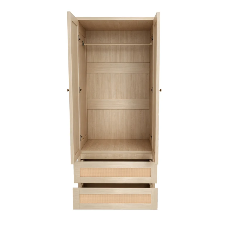 Armoire effet bois 2 portes et 2 tiroirs en rotin 70x55x170cm style scandinave MODERNDESKART