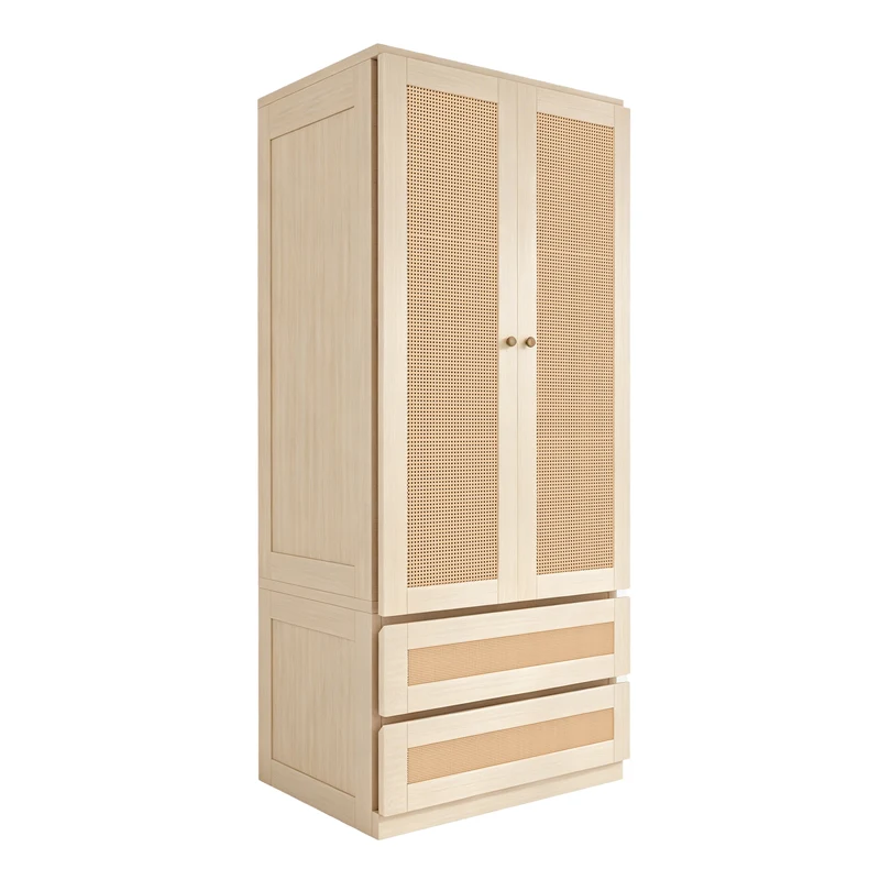 Armoire effet bois 2 portes et 2 tiroirs en rotin 70x55x170cm style scandinave MODERNDESKART