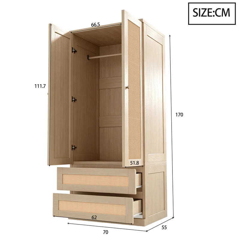Armoire effet bois 2 portes et 2 tiroirs en rotin 70x55x170cm style scandinave MODERNDESKART