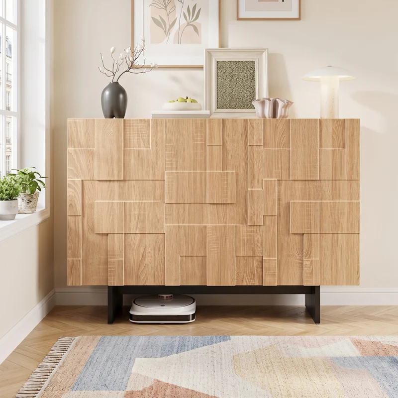 Buffet effet bois géométrique 3D en bambou et MDF, 3 portes 105x33,5x76cm MODERNORGANIZERHOME