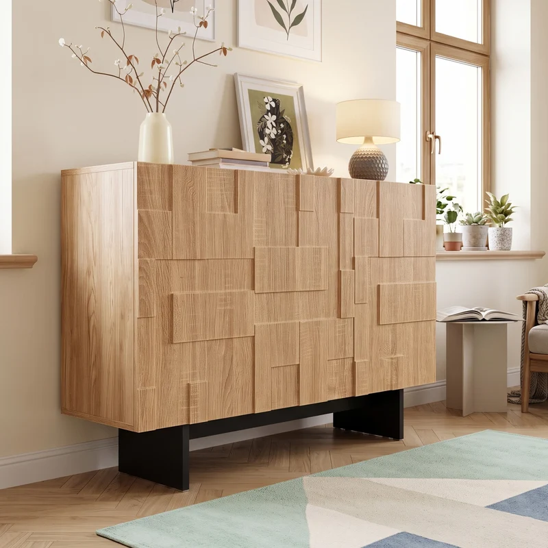 Buffet effet bois géométrique 3D en bambou et MDF, 3 portes 105x33,5x76cm MODERNORGANIZERHOME