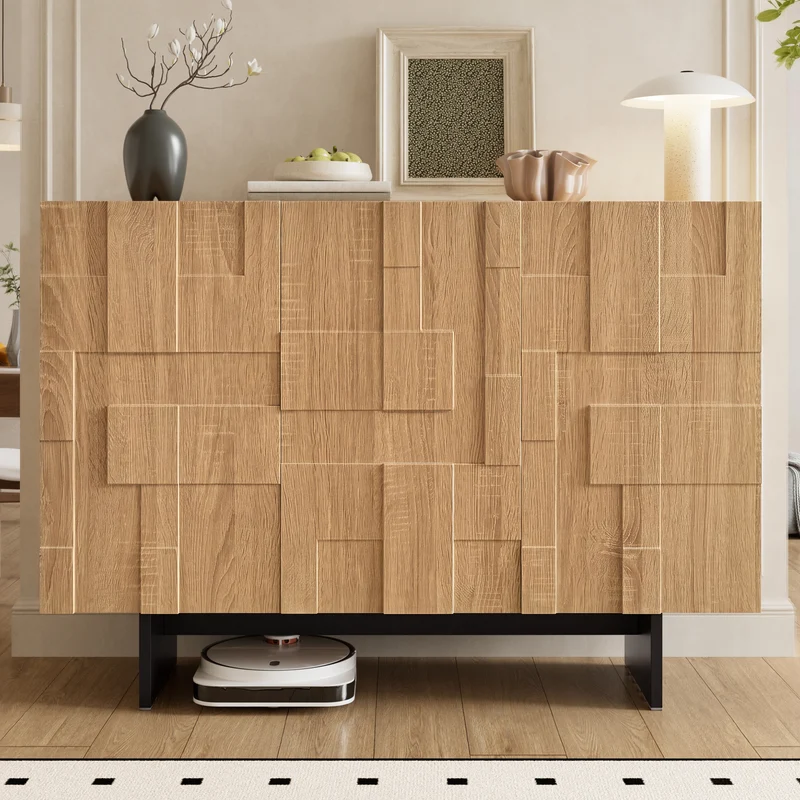 Buffet effet bois géométrique 3D en bambou et MDF, 3 portes 105x33,5x76cm MODERNORGANIZERHOME