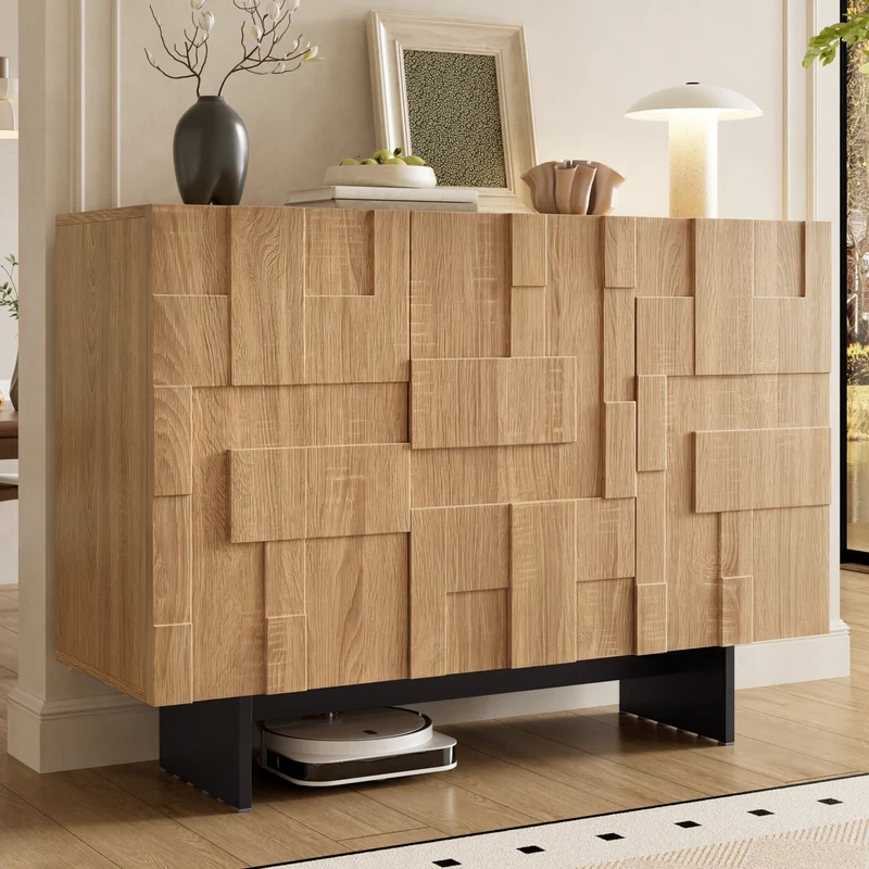 Buffet effet bois géométrique 3D en bambou et MDF, 3 portes 105x33,5x76cm MODERNORGANIZERHOME