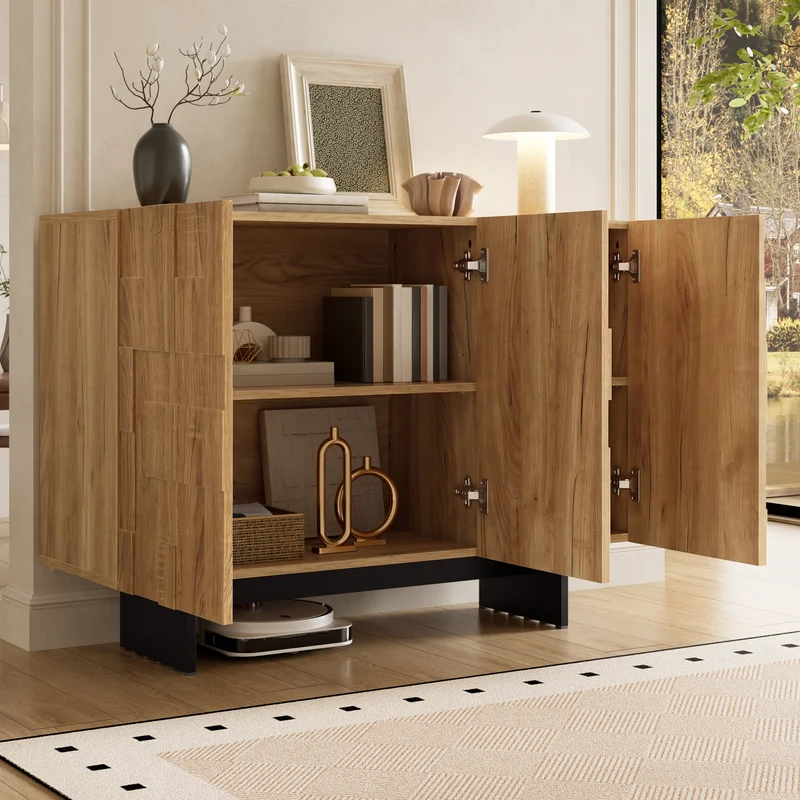 Buffet effet bois géométrique 3D en bambou et MDF, 3 portes 105x33,5x76cm MODERNORGANIZERHOME