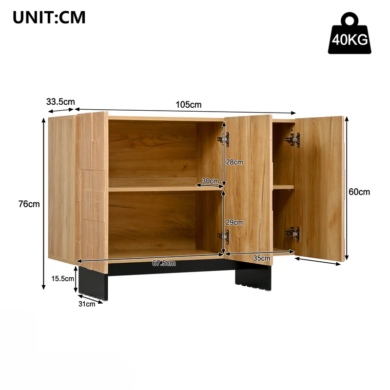 Buffet effet bois géométrique 3D en bambou et MDF, 3 portes 105x33,5x76cm MODERNORGANIZERHOME