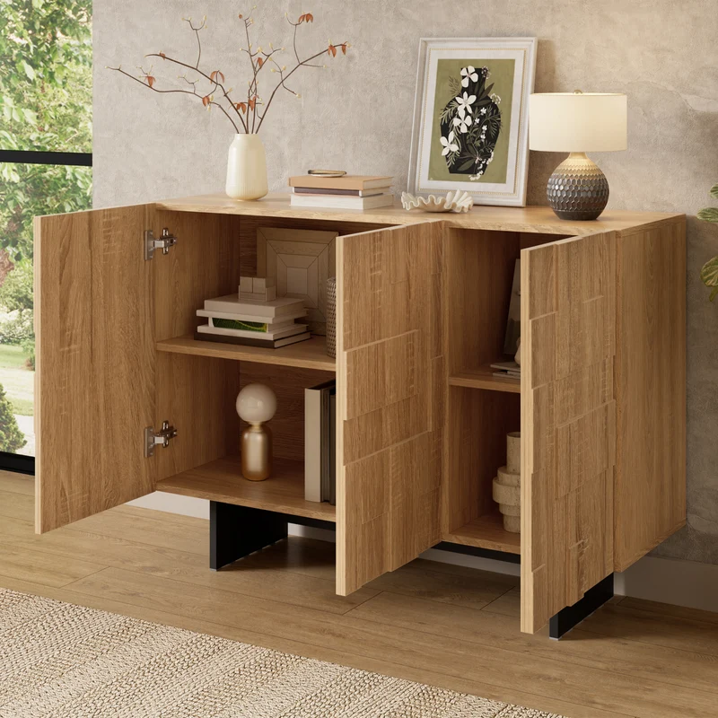 Buffet effet bois géométrique 3D en bambou et MDF, 3 portes 105x33,5x76cm MODERNORGANIZERHOME
