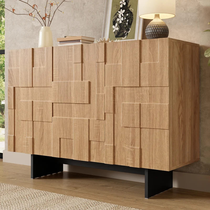 Buffet effet bois géométrique 3D en bambou et MDF, 3 portes 105x33,5x76cm MODERNORGANIZERHOME
