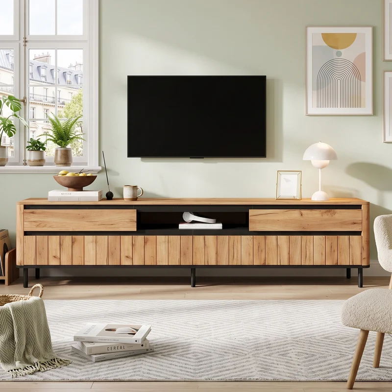 Meuble TV effet chêne naturel 2 tiroirs 2 portes abattantes et 6 pieds en métal 180x40x52cm MODERNDESKHOME
