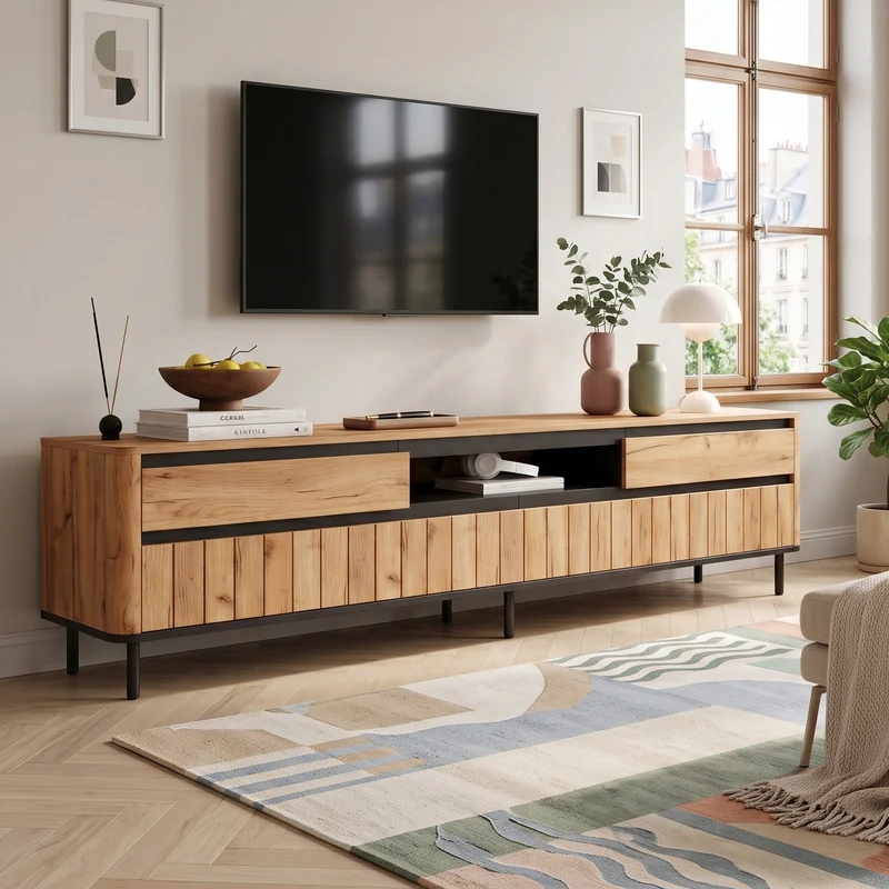 Meuble TV effet chêne naturel 2 tiroirs 2 portes abattantes et 6 pieds en métal 180x40x52cm MODERNDESKHOME