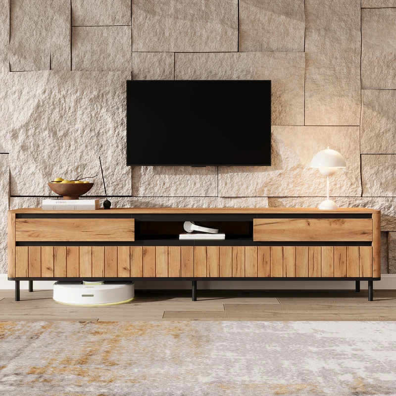 Meuble TV effet chêne naturel 2 tiroirs 2 portes abattantes et 6 pieds en métal 180x40x52cm MODERNDESKHOME