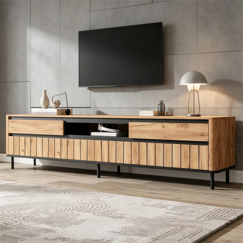 Meuble TV effet chêne naturel 2 tiroirs 2 portes abattantes et 6 pieds en métal 180x40x52cm MODERNDESKHOME
