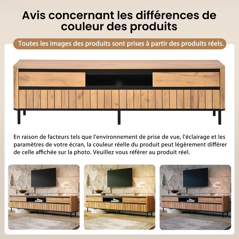 Meuble TV effet chêne naturel 2 tiroirs 2 portes abattantes et 6 pieds en métal 180x40x52cm MODERNDESKHOME