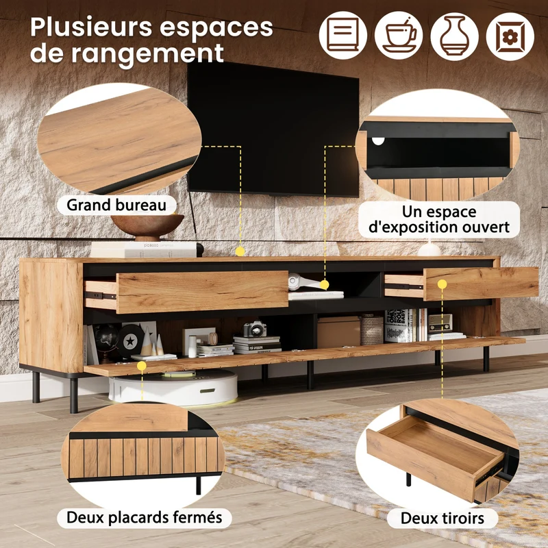 Meuble TV effet chêne naturel 2 tiroirs 2 portes abattantes et 6 pieds en métal 180x40x52cm MODERNDESKHOME
