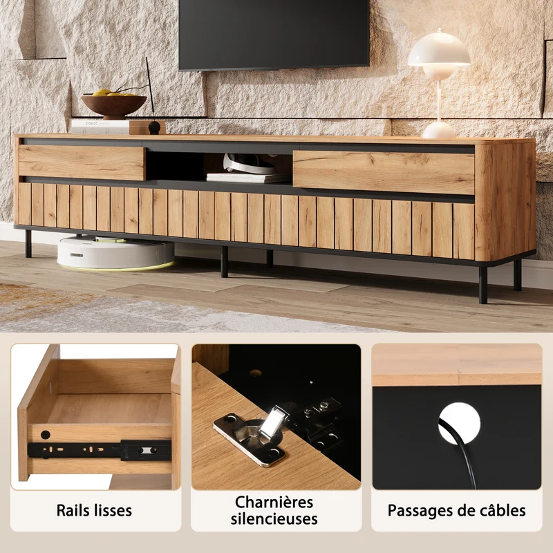 Meuble TV effet chêne naturel 2 tiroirs 2 portes abattantes et 6 pieds en métal 180x40x52cm MODERNDESKHOME