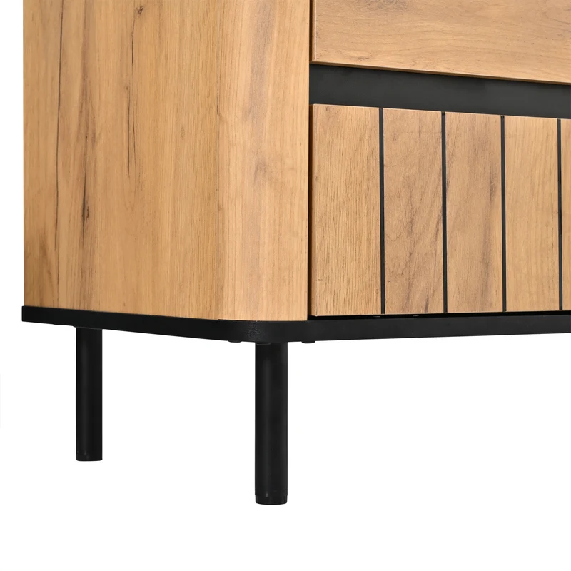 Meuble TV effet chêne naturel 2 tiroirs 2 portes abattantes et 6 pieds en métal 180x40x52cm MODERNDESKHOME