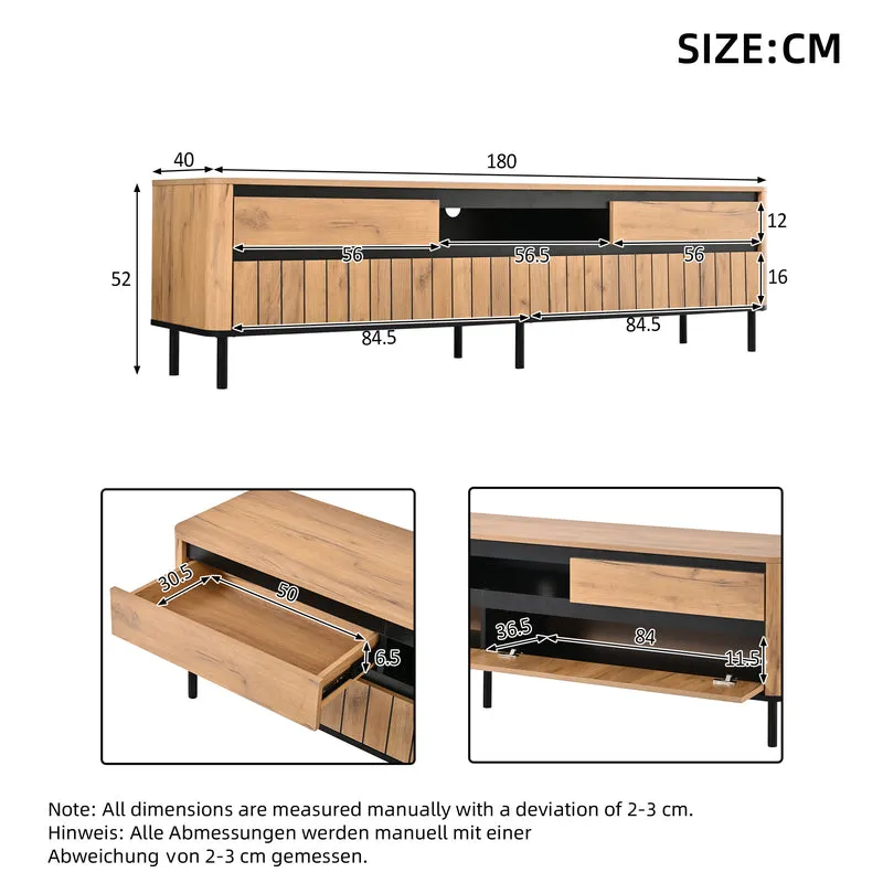 Meuble TV effet chêne naturel 2 tiroirs 2 portes abattantes et 6 pieds en métal 180x40x52cm MODERNDESKHOME